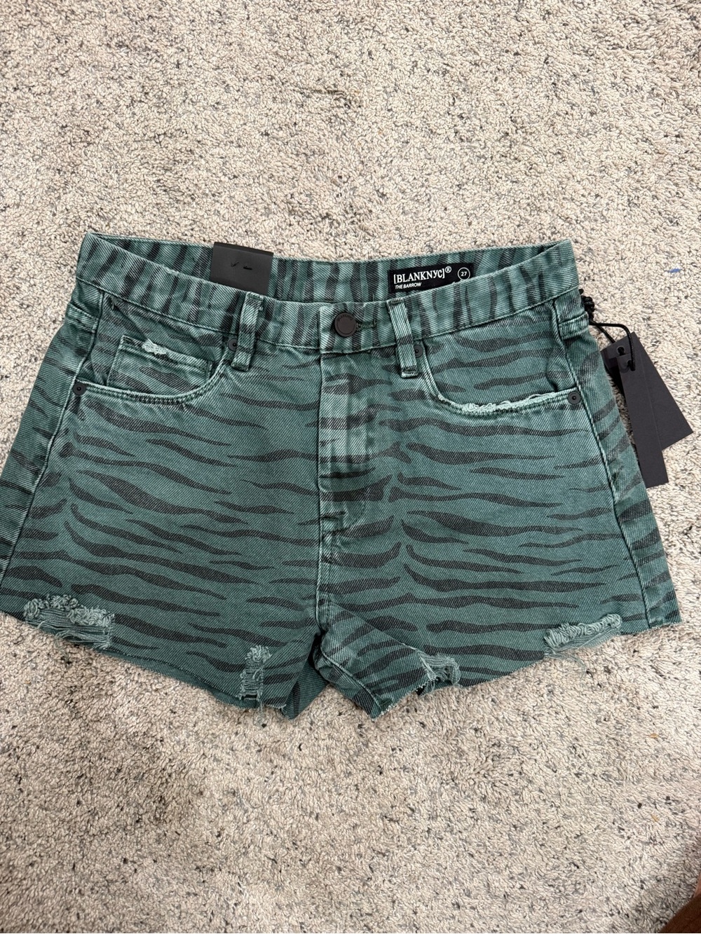 Blank NYC Teal Tiger-Stripe Denim Shorts
